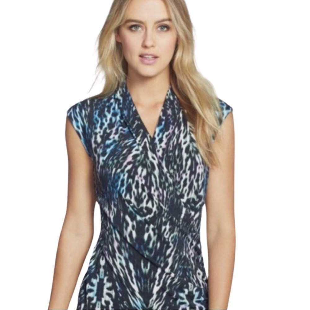 VINCE CAMUTO Drape Front Side-Ruched Top in Blue Green Multi Print Size …